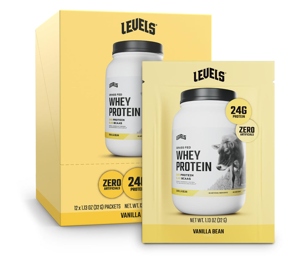 Levels Nutrition Vanilla Bean whey protein tub open with scoop for post-workout shake