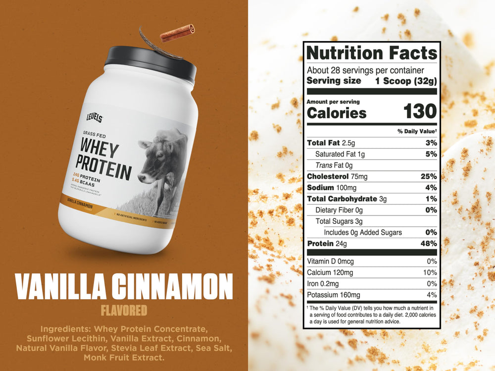 Levels Whey Protein Vanilla Cinnamon label emphasizes hormone-free, GMO-free ingredients.
