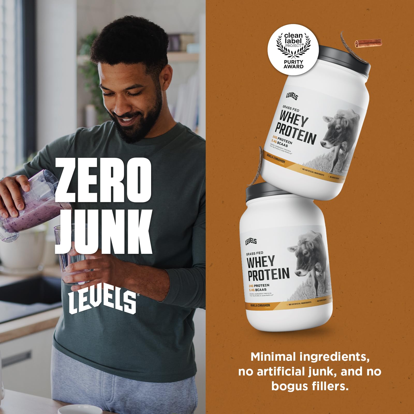 Levels Grass Fed Whey Vanilla Cinnamon packaging mentions U.S. manufacturing.