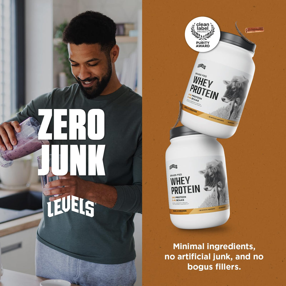 Levels Grass Fed Whey Vanilla Cinnamon packaging mentions U.S. manufacturing.