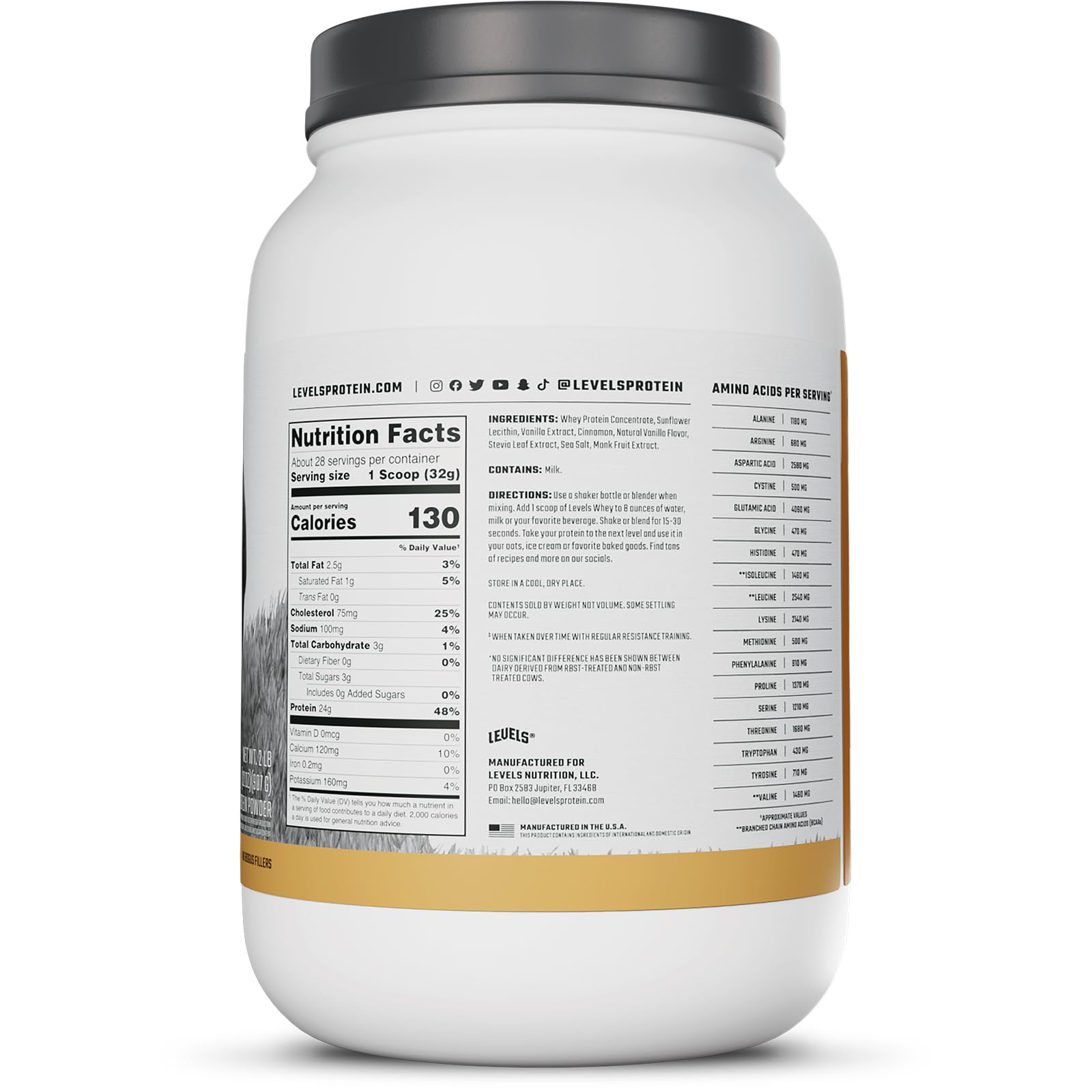 Levels Whey Protein Vanilla Cinnamon scoop in a shaker for post-workout use.