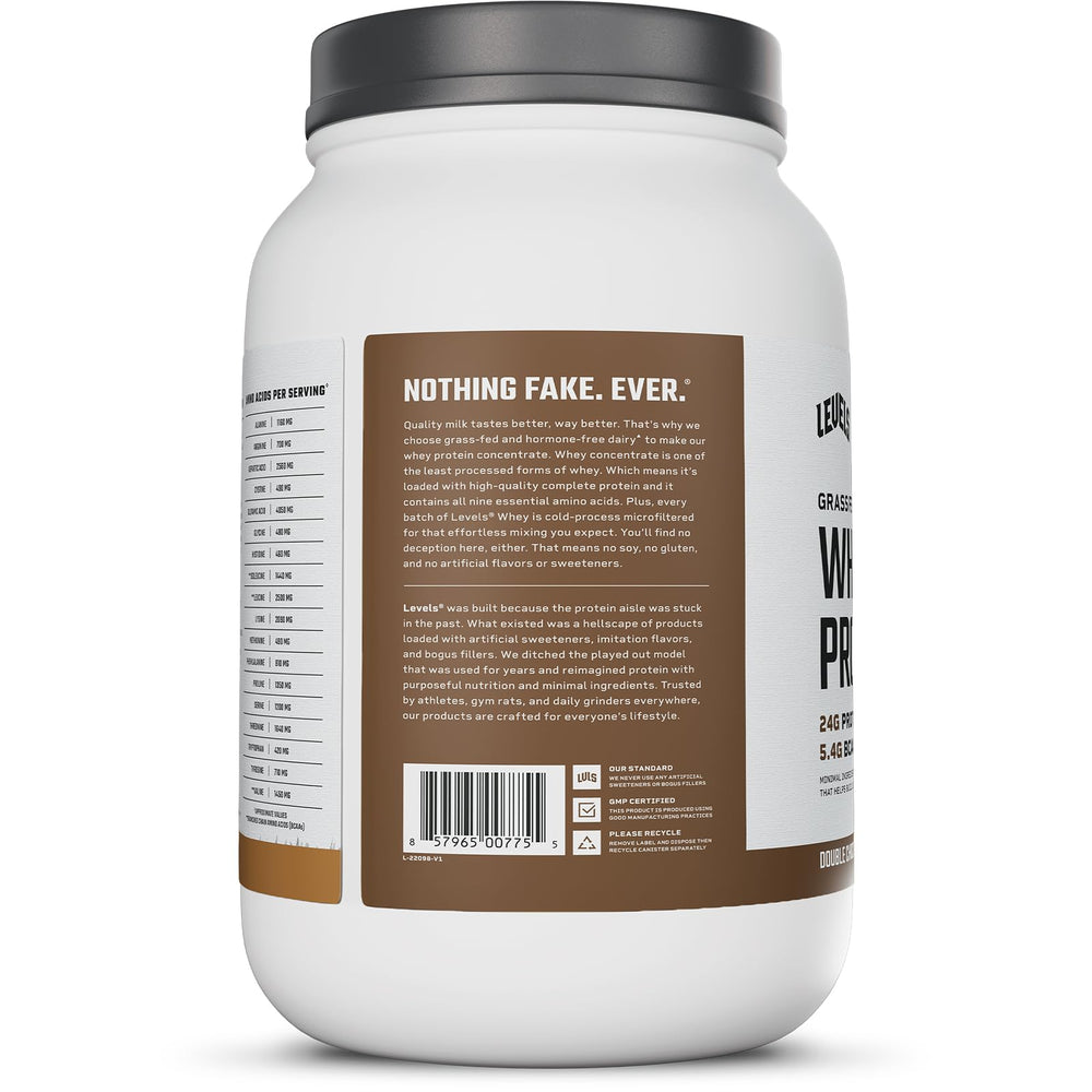 Levels whey tub back-label close-up, ingredient transparency and nutrition facts.