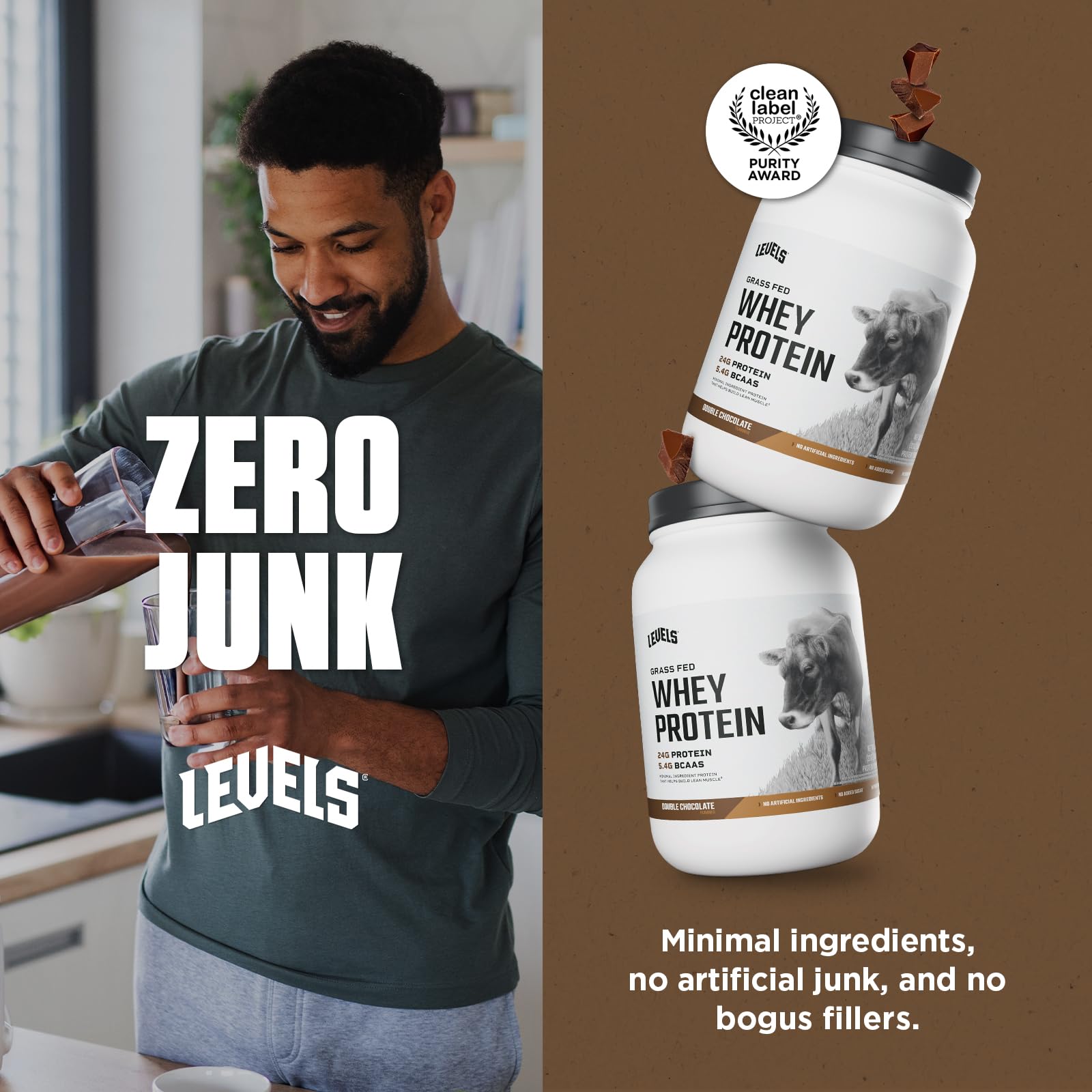 Levels whey tub nutrition label close-up, clear protein details for informed choices.