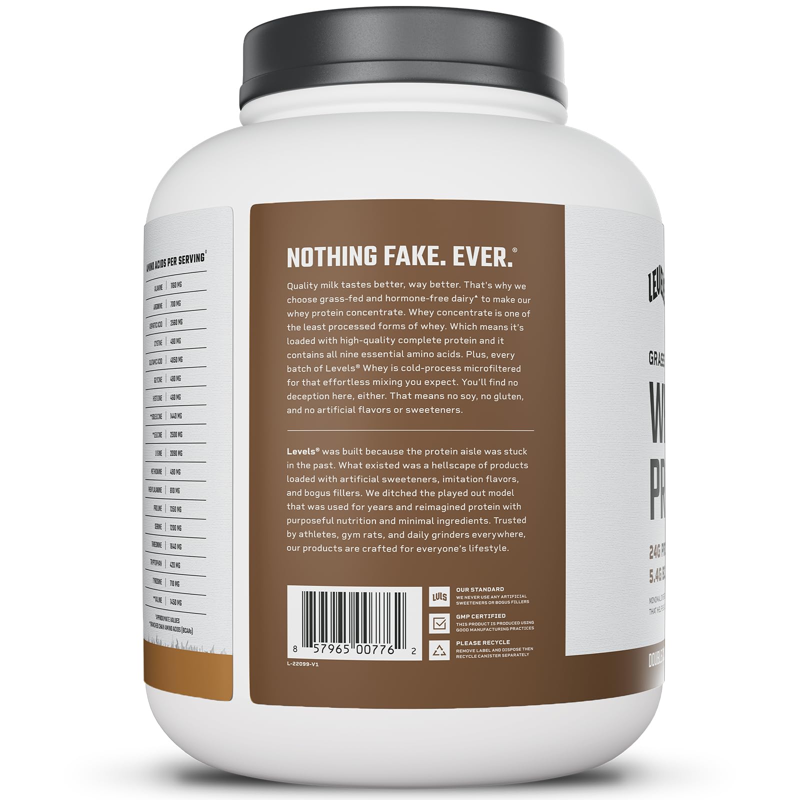 Levels whey tub on shelf signals USA-made protein.