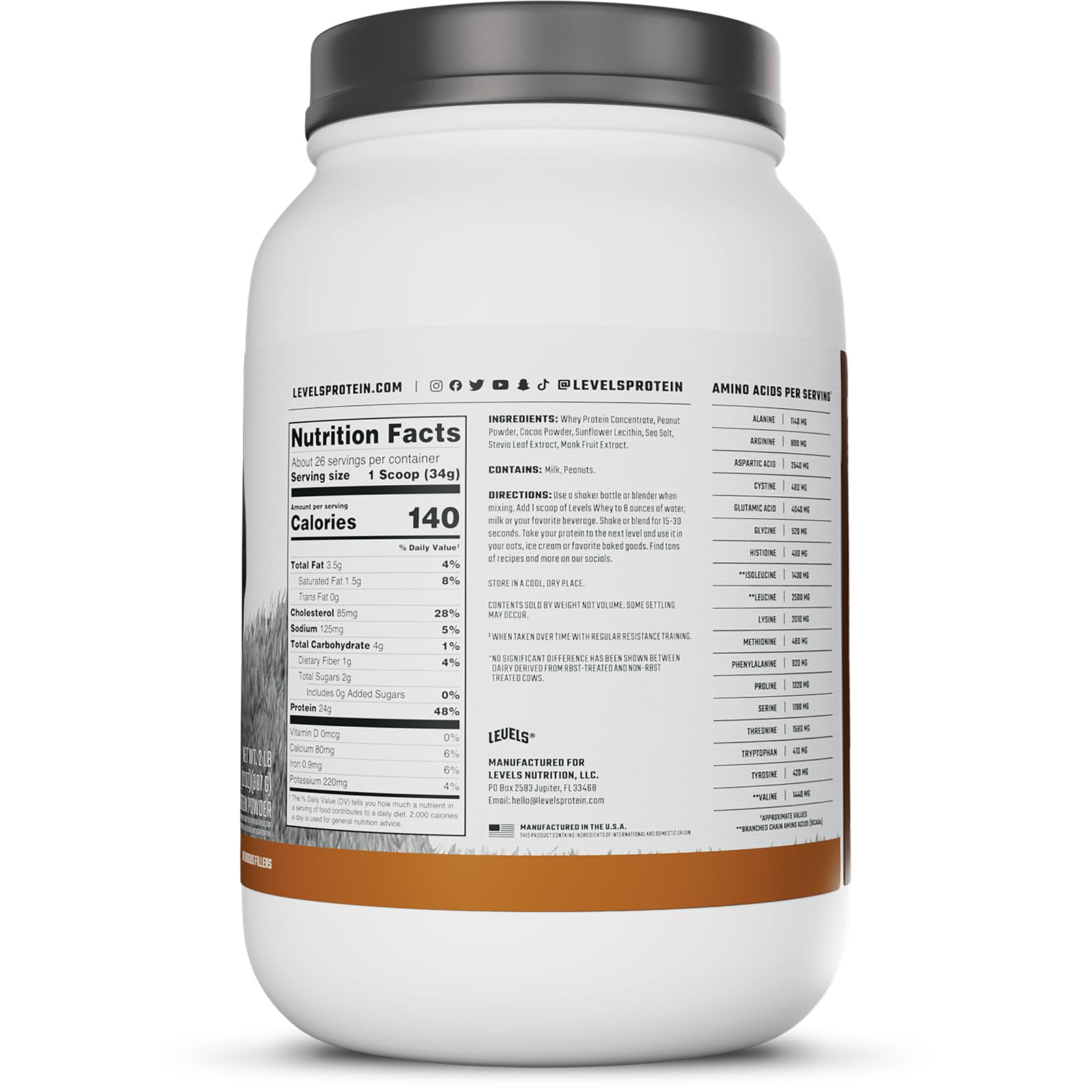 USA-made Levels Whey label emphasizing batch quality.