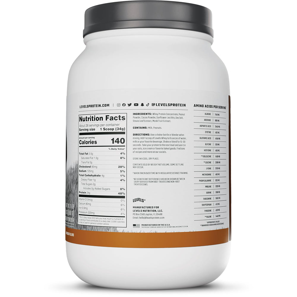 USA-made Levels Whey label emphasizing batch quality.