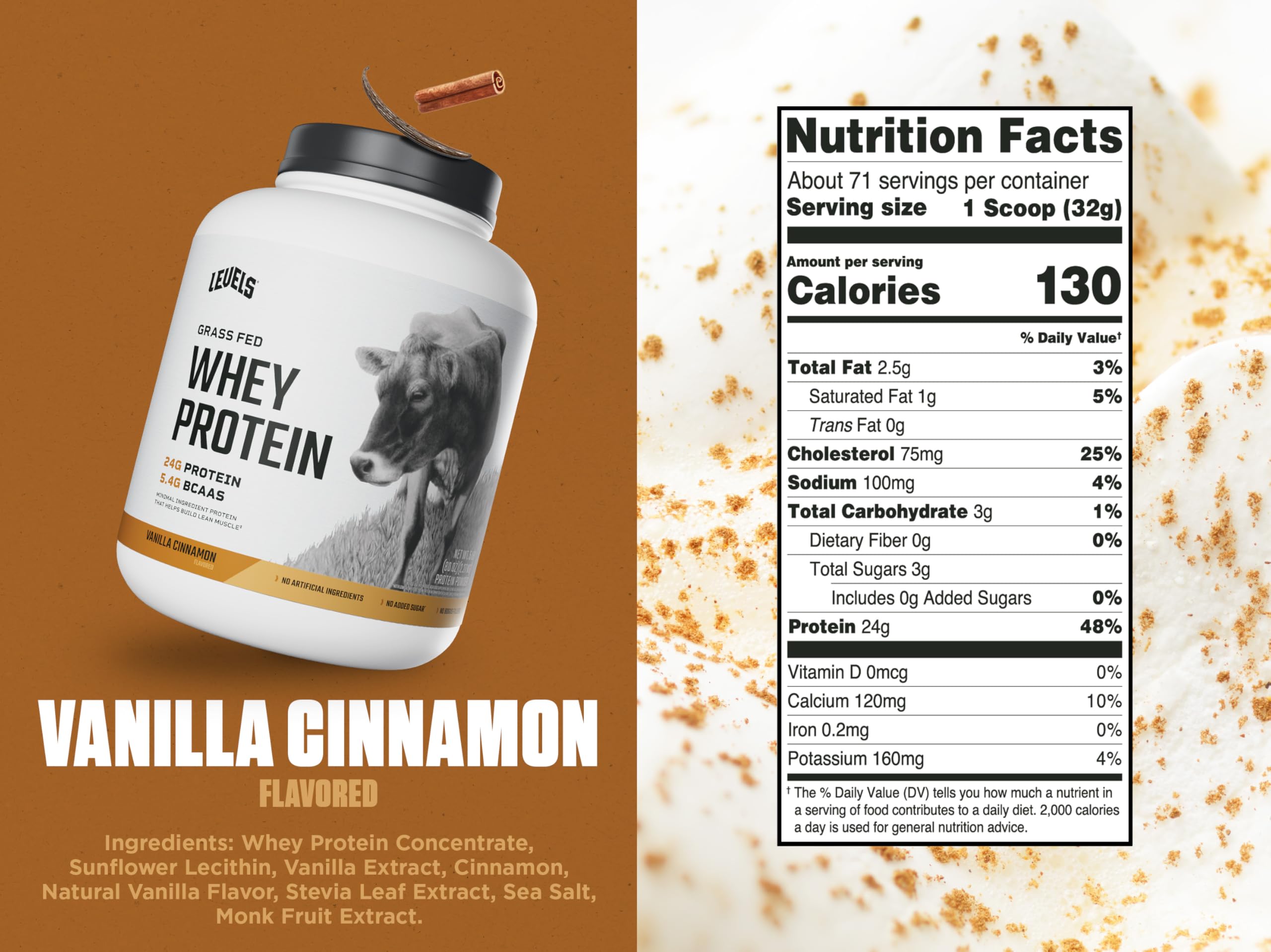 Pour-ready Levels whey with vanilla cinnamon for quick shakes and convenient fueling.