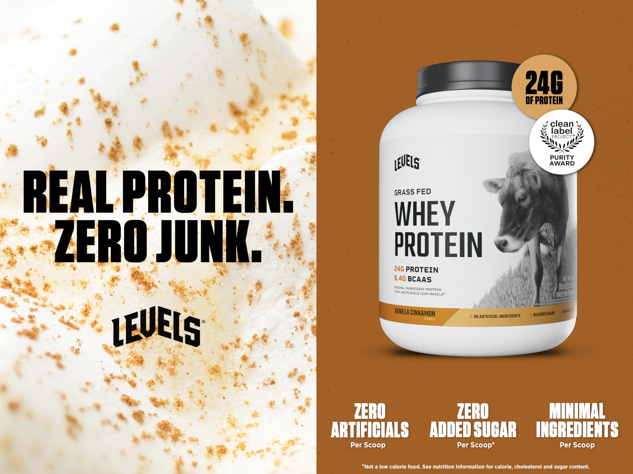 Levels Nutrition vanilla cinnamon whey protein scoop ready for post-workout recovery.