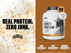 Levels Nutrition vanilla cinnamon whey protein scoop ready for post-workout recovery.