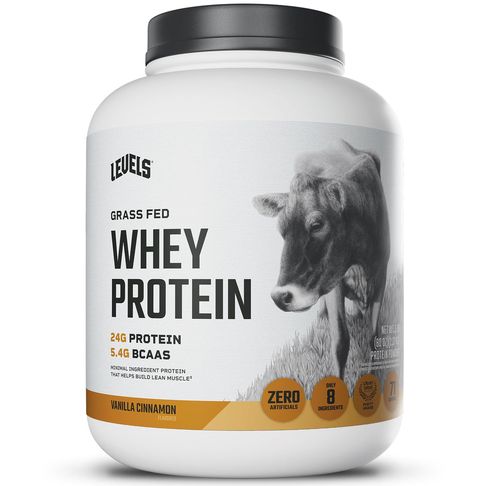 Levels Nutrition vanilla cinnamon whey powder tub showing clean label for daily fueling.