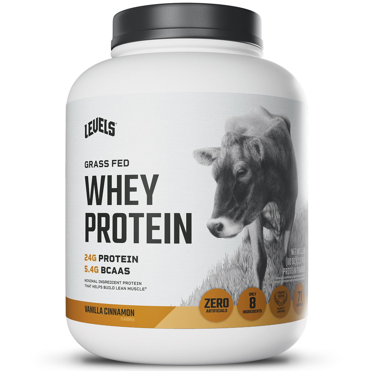 Levels Nutrition vanilla cinnamon whey powder tub showing clean label for daily fueling.