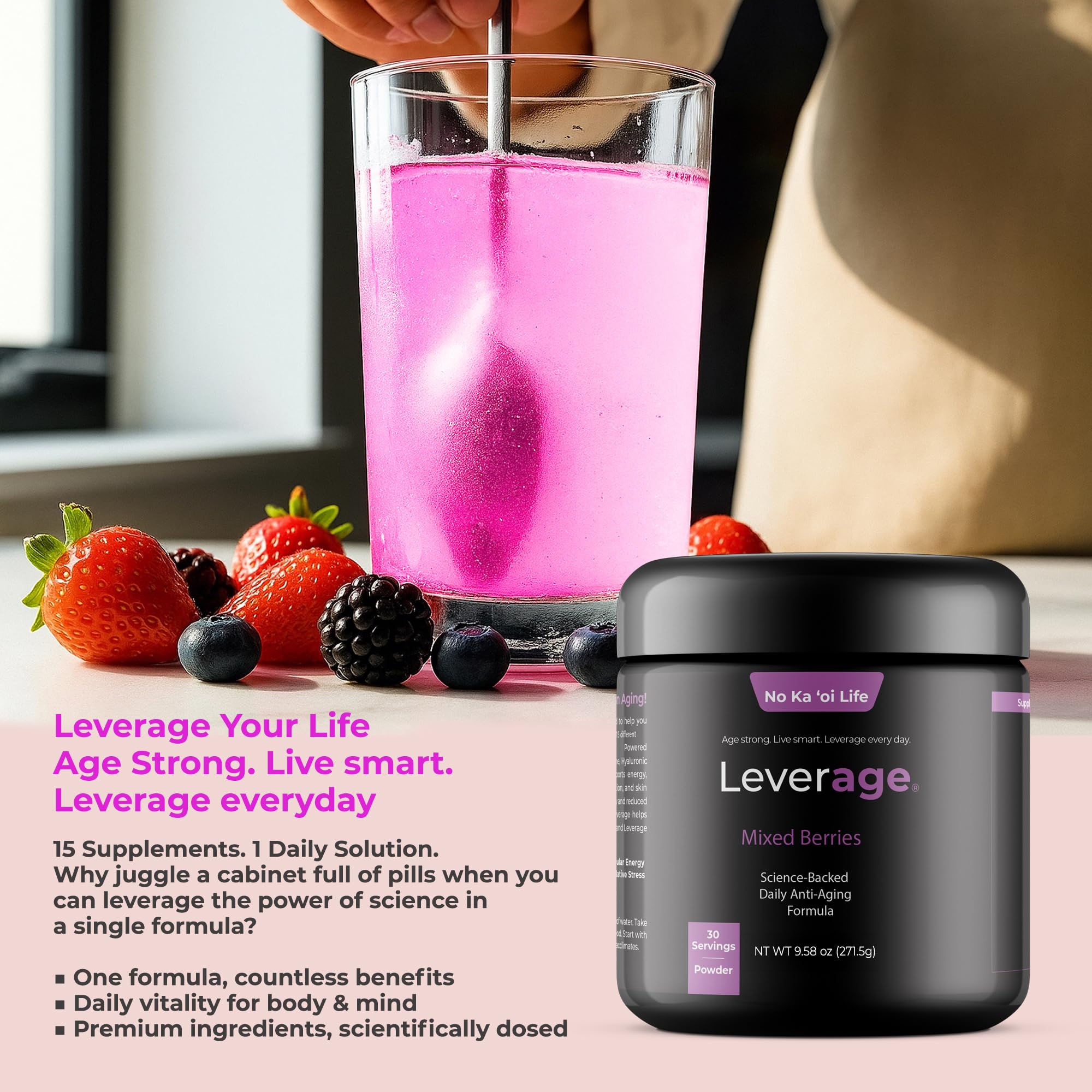Leverage front-view bottle highlights a practical 30-serving wellness solution.