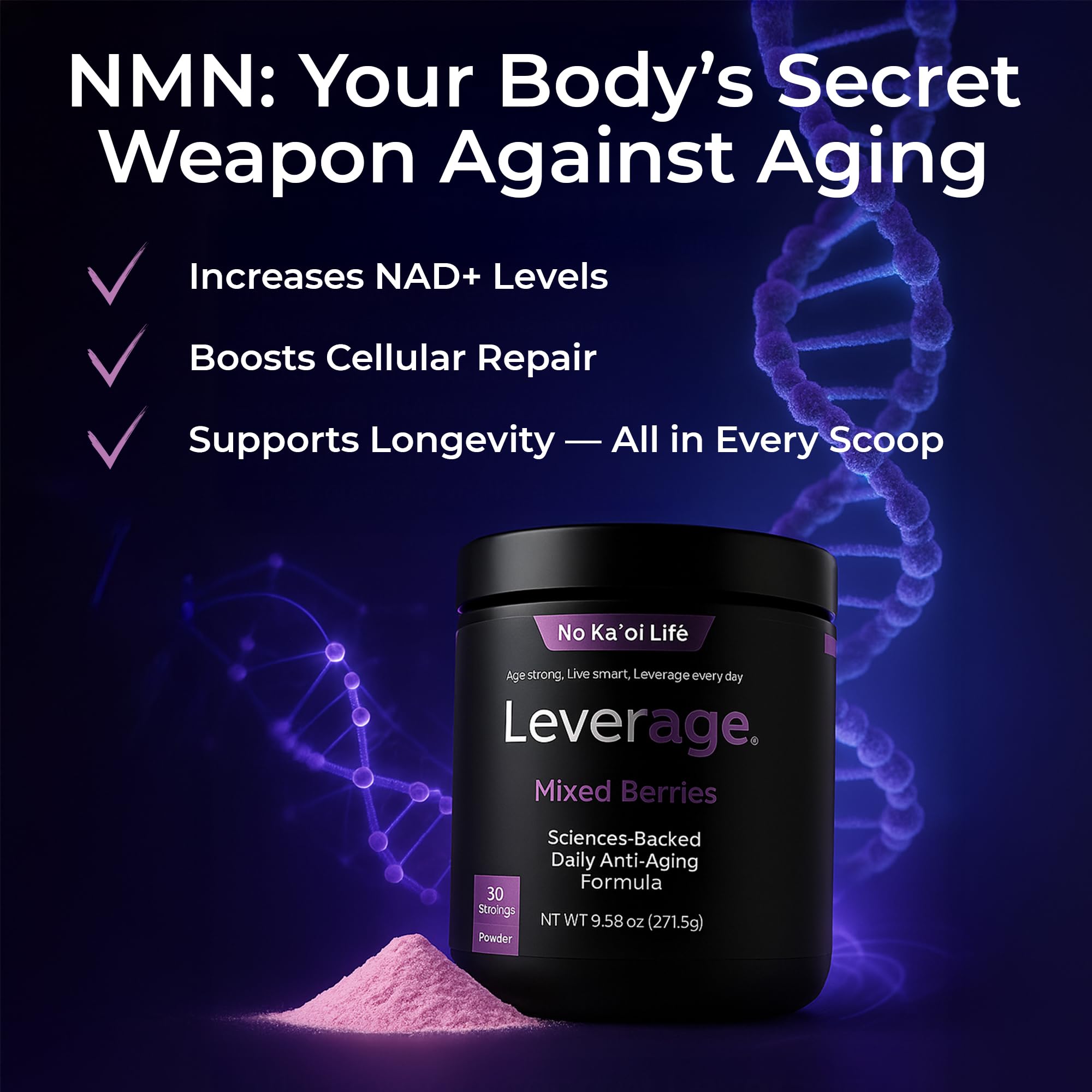 Close-up of Leverage ingredients hints NMN and vitamins for overall wellness potential.