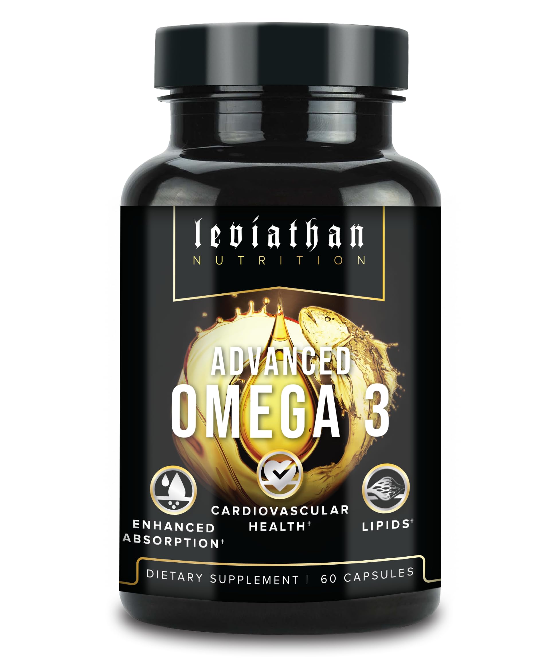 Leviathan Nutrition Norwegian omega-3 capsules bottle for daily heart and brain support.