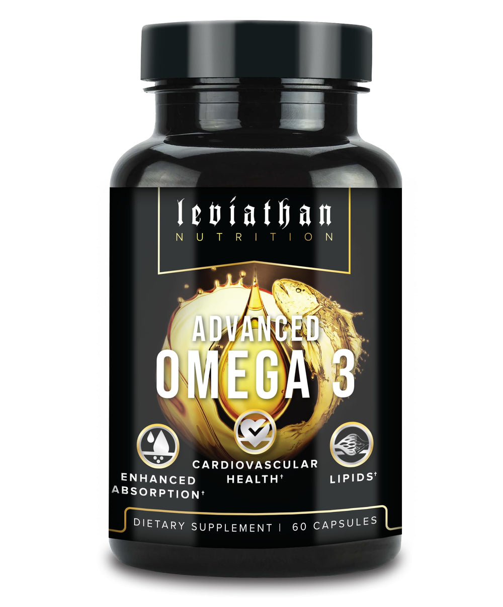 Leviathan Nutrition Norwegian omega-3 capsules bottle for daily heart and brain support.