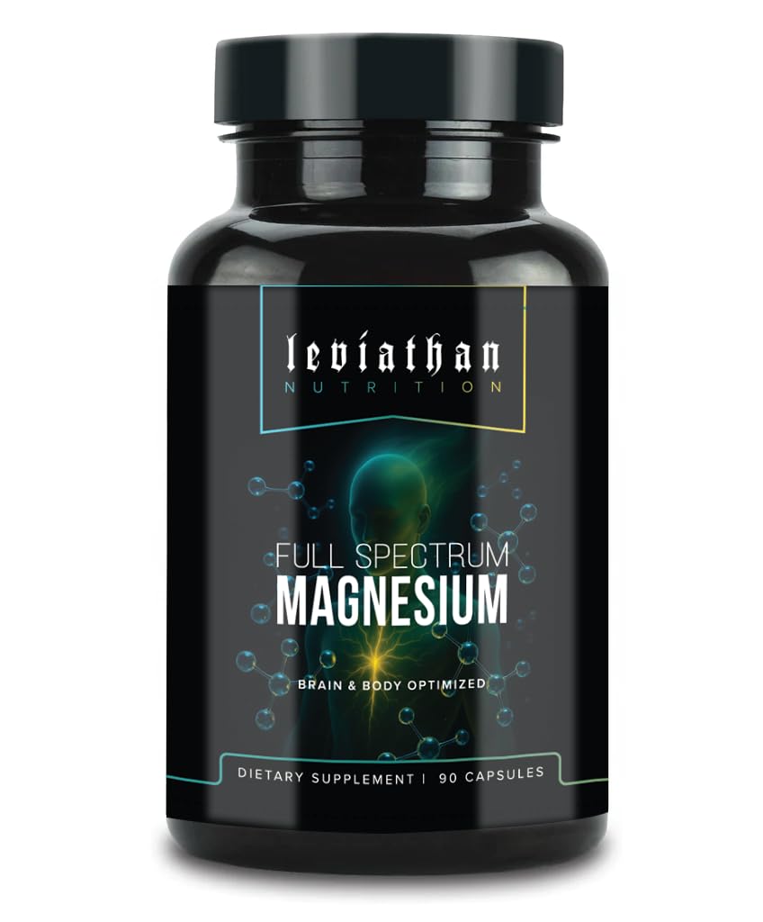 Leviathan Nutrition Full Spectrum Magnesium bottle pour highlighting daily wellness benefits