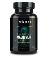 Leviathan Nutrition Full Spectrum Magnesium bottle pour highlighting daily wellness benefits
