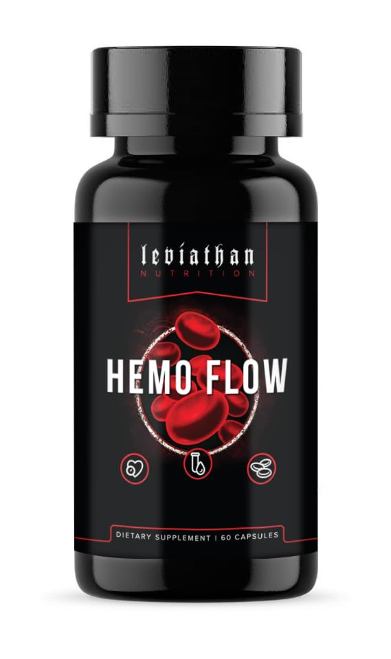 Leviathan Nutrition Hemo Flow bottle-front view with vegan capsules for daily wellness.