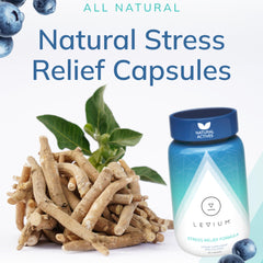 Levium KSM66 Ashwagandha capsules label with key ingredients visible.