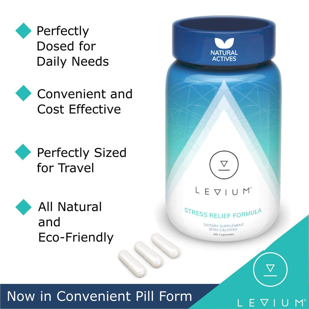 Levium stress relief capsules closeup highlighting convenient daily support.