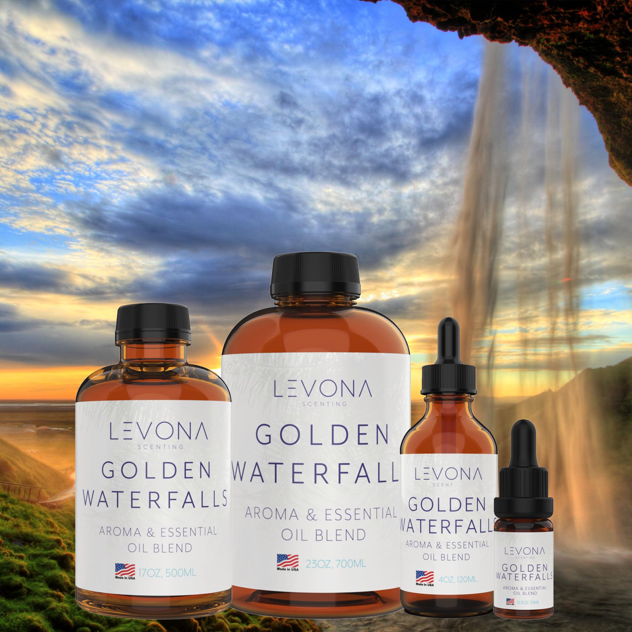 Levona Scent Golden Waterfalls bottle on shelf signaling premium home spa vibes.