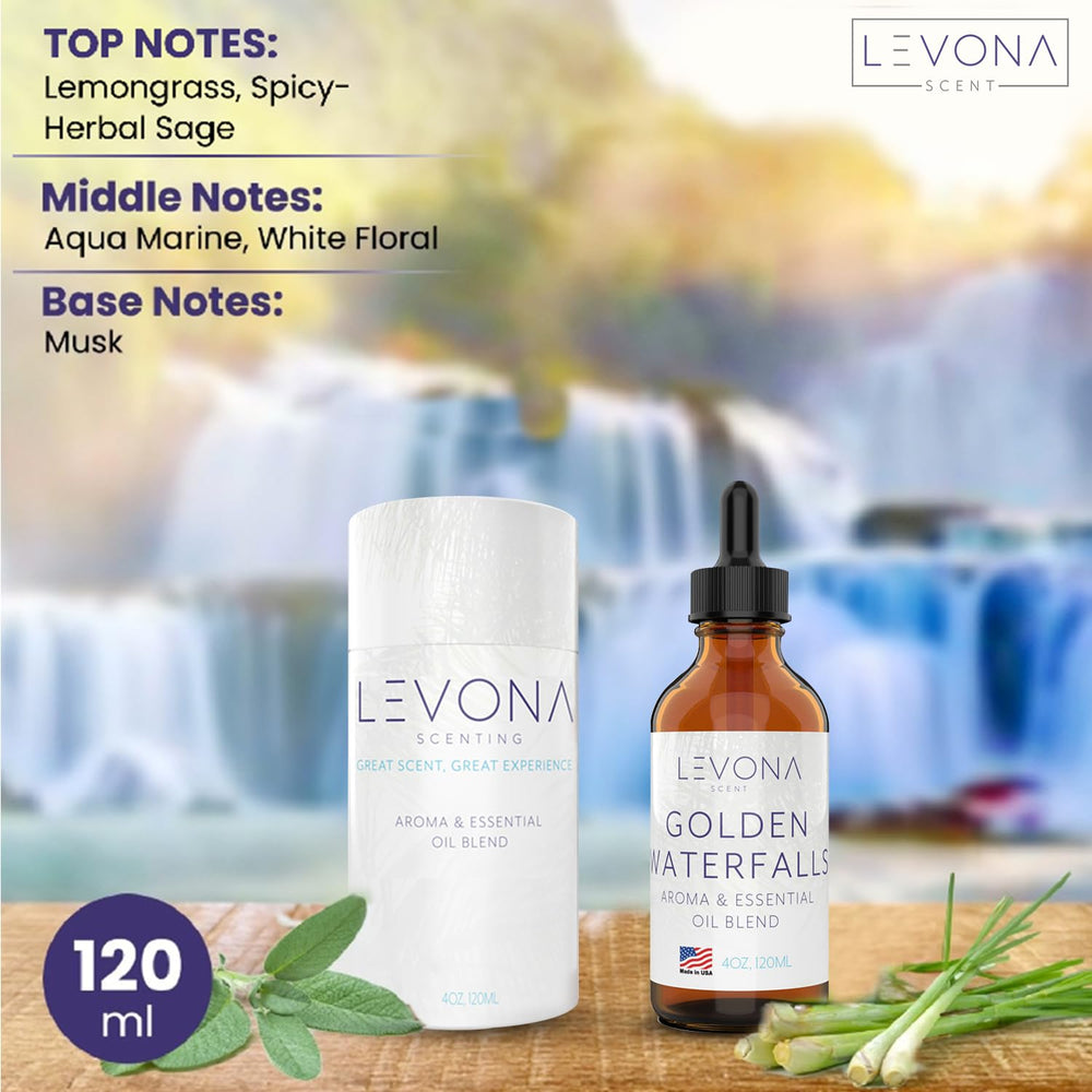 Levona Scent Golden Waterfalls diffuser mist illustrating uplifting aroma for hotel or office.