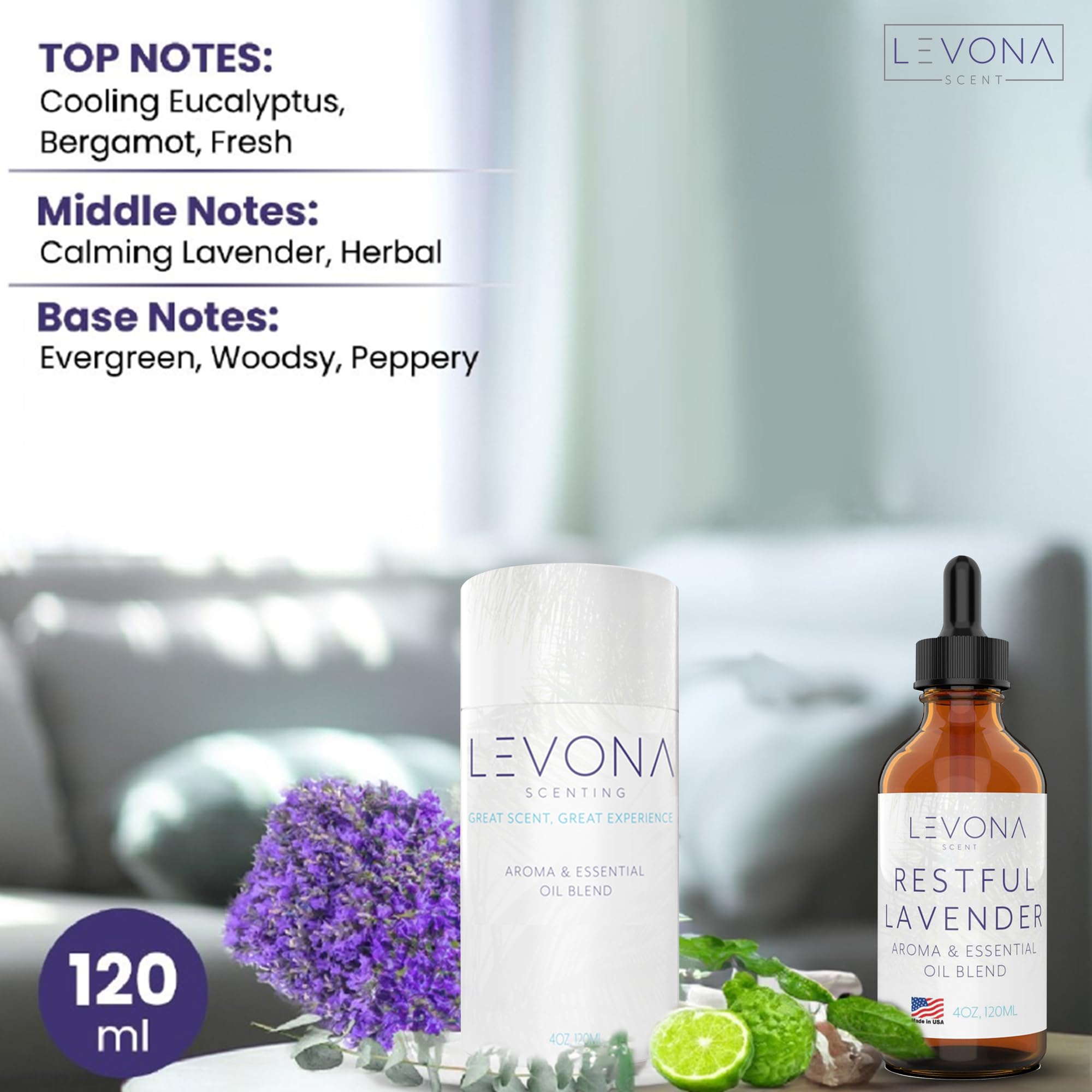 Levona Scent Restful Lavender bottle ready for diffuser to enhance ambiance.