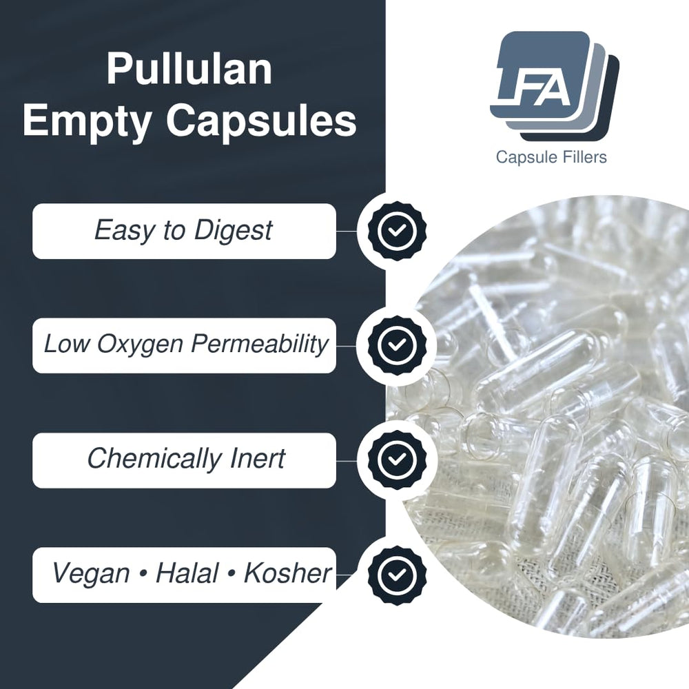 LFA Capsules Empty Size 1 shell closeup highlights vegan pullulan composition.