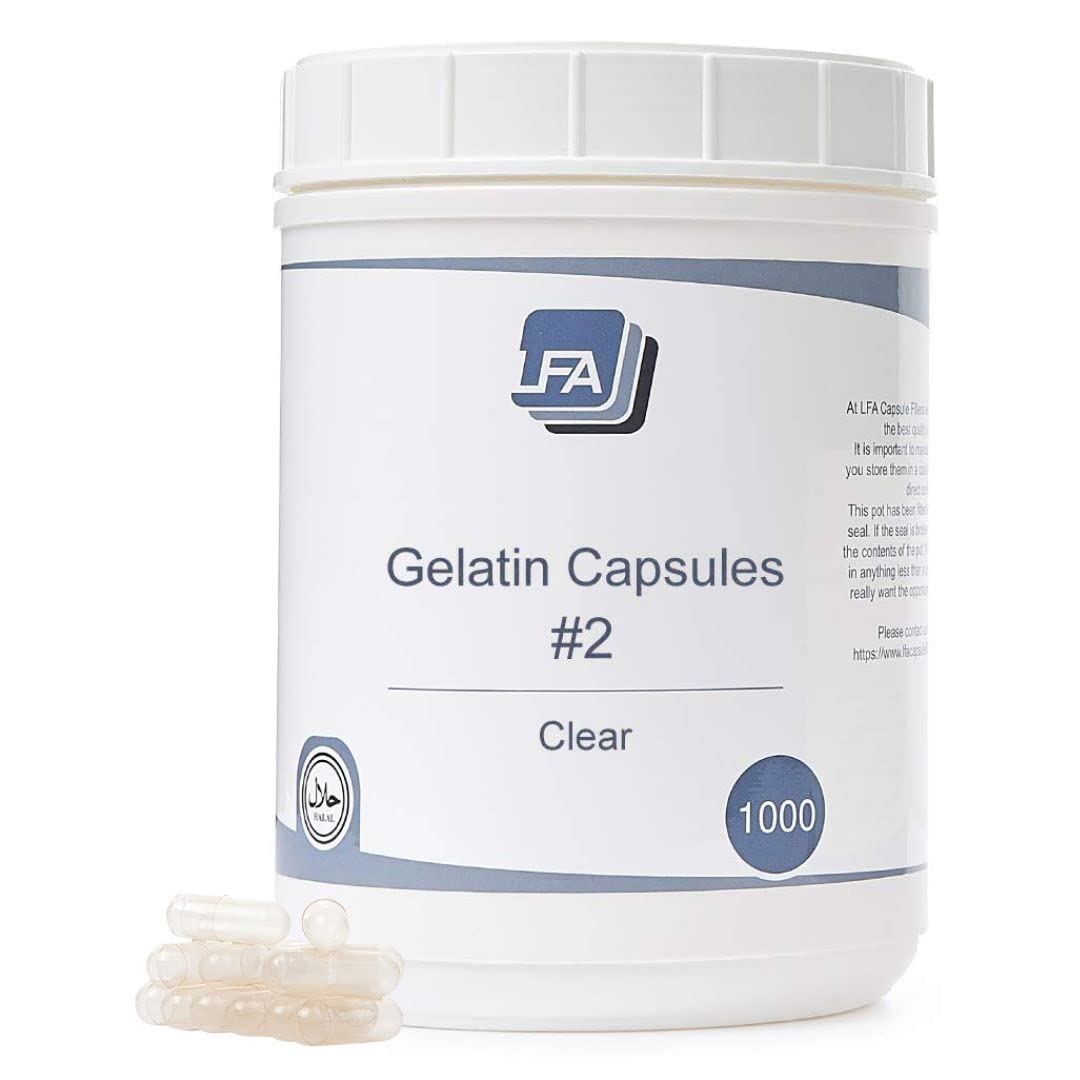LFA empty size-2 capsules in clear gelatin for versatile DIY supplement blends.