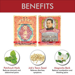Li Chung Shing Tong Po Chai Pills box back highlights heritage and manufacturing origin in Hong Kong.