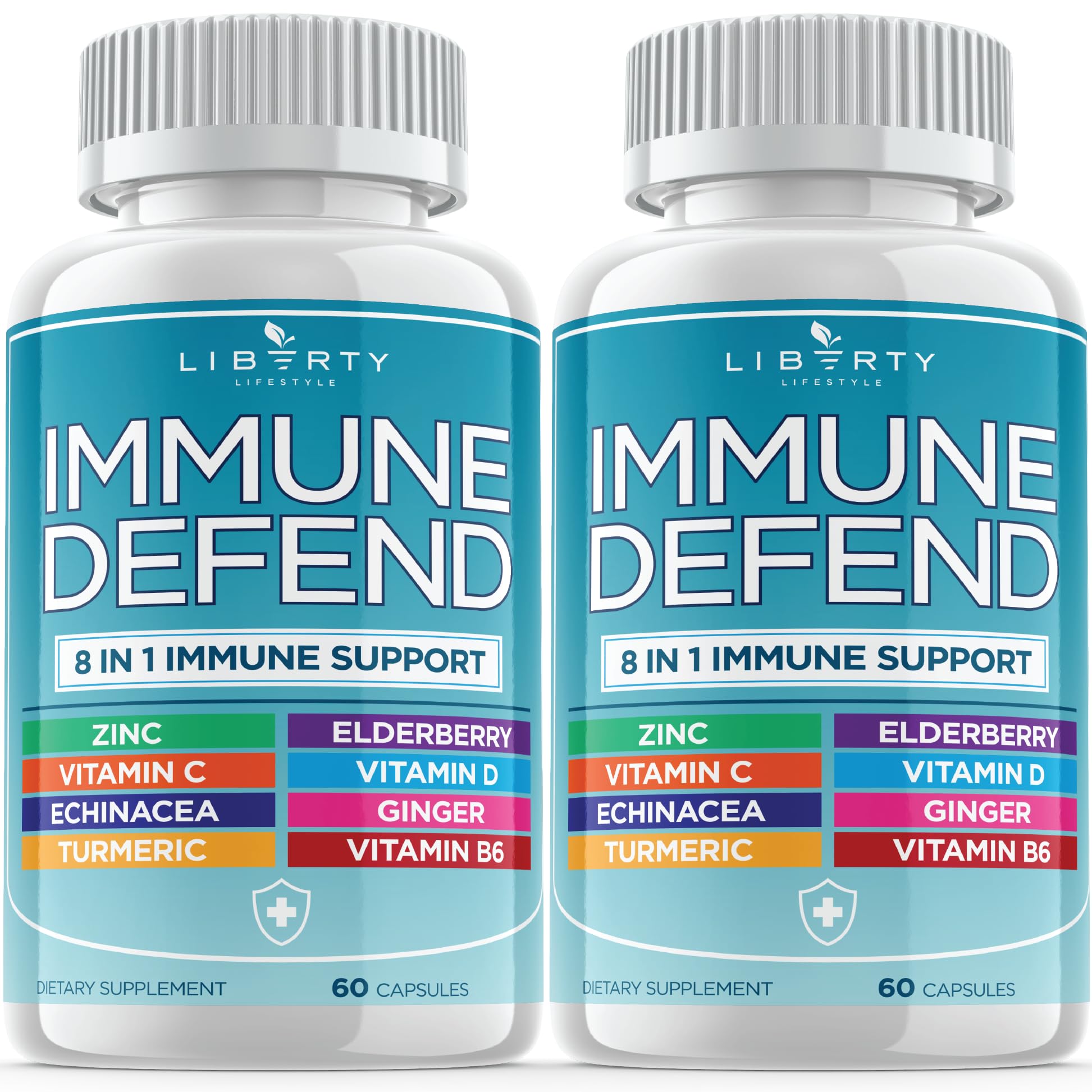 Liberty Lifestyle 8in1 Immune Defense bottle with capsules for everyday immune support.