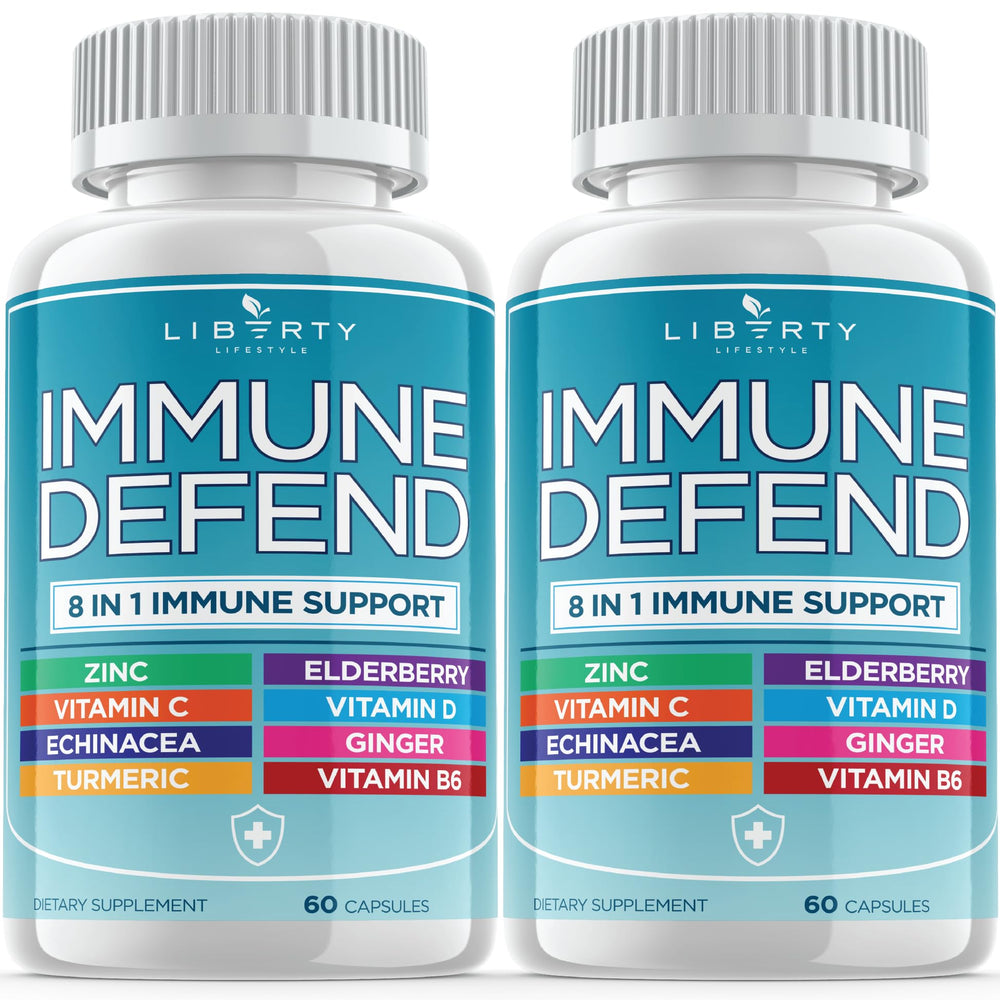 Liberty Lifestyle 8in1 Immune Defense bottle with capsules for everyday immune support.