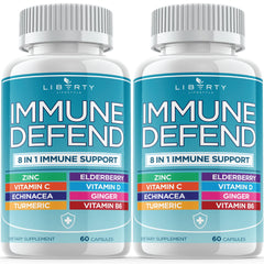 Liberty Lifestyle 8in1 Immune Defense bottle with capsules for everyday immune support.
