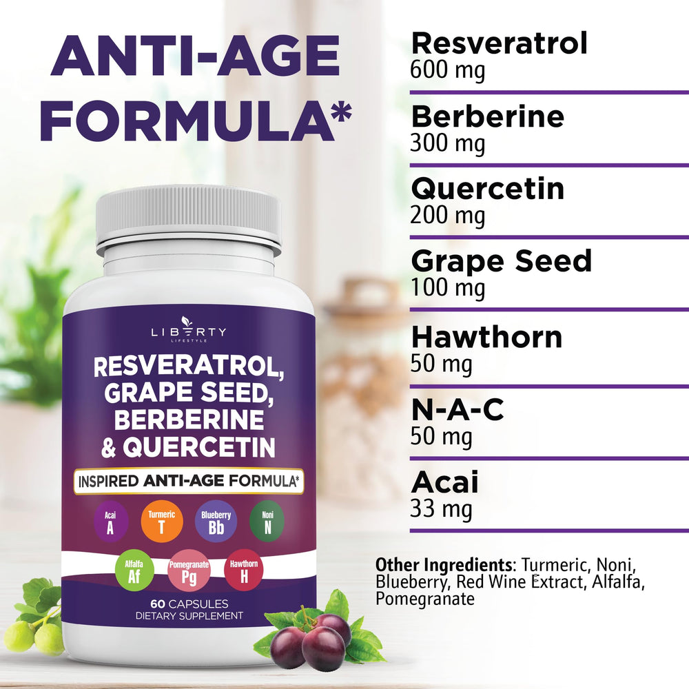 Liberty Lifestyle Acai and Noni blend bottle emphasizes plant-based polyphenols.