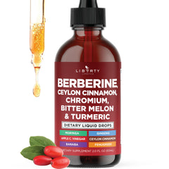 The Liberty Lifestyle berberine cinnamon drops bottle shows easy dosing in water.