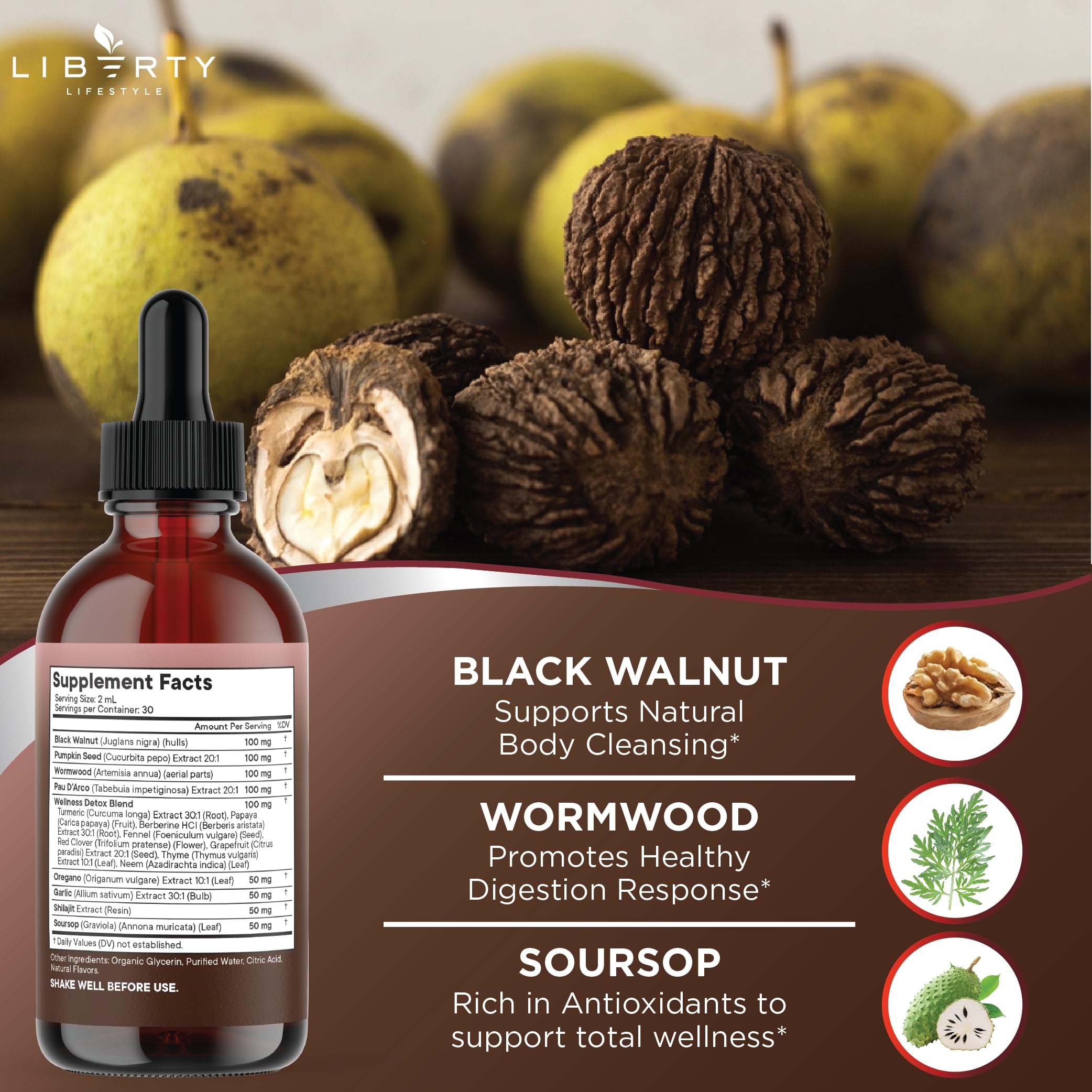 Liberty Lifestyle Defend Wormwood ingredient panel highlights a broad botanical blend.