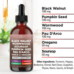 Liberty Lifestyle Defend Wormwood label close-up shows organic garlic and turmeric among key ingredients.