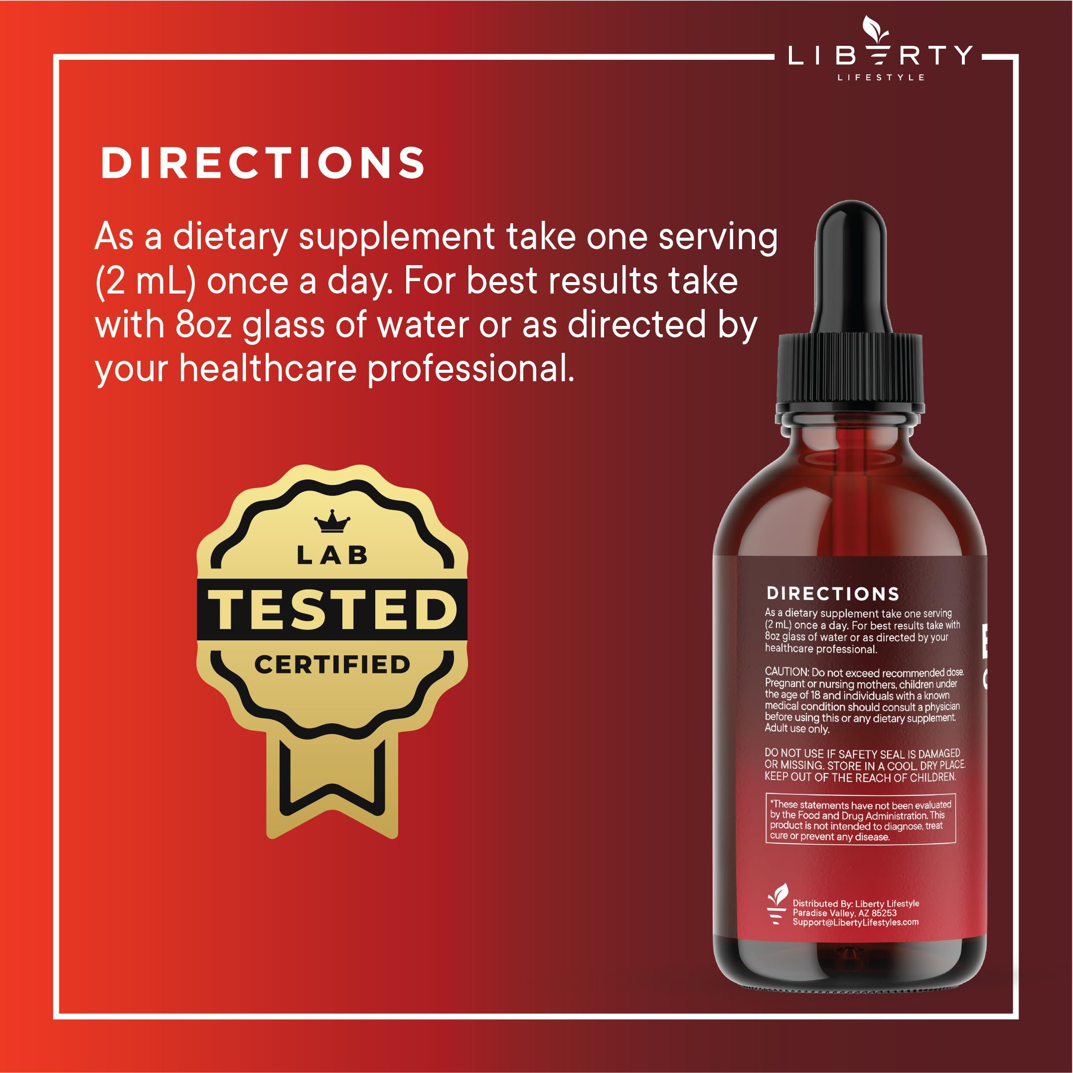 The Liberty Lifestyle drops beside a glass of water show easy daily intake.