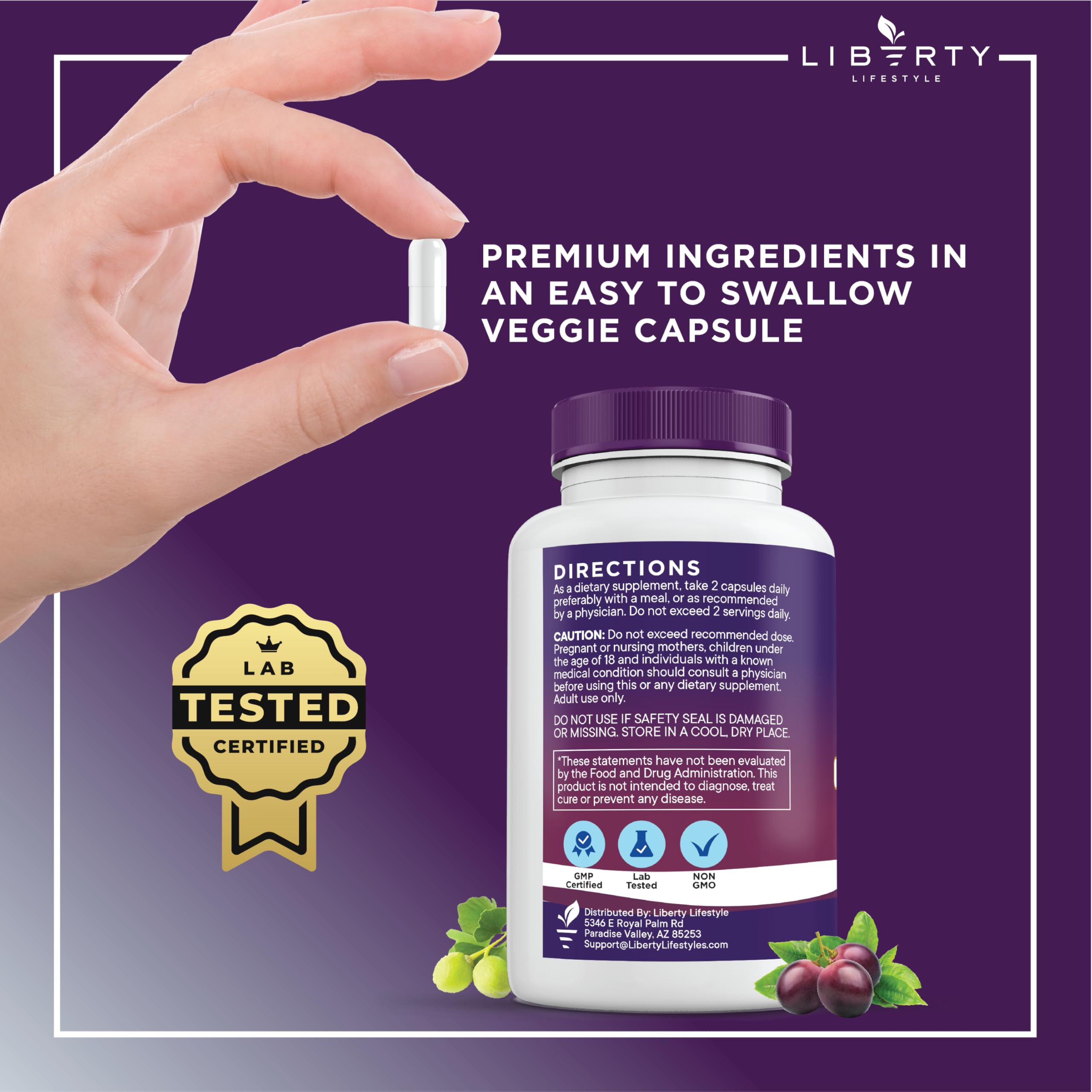 Liberty Lifestyle grape seed berberine quercetin capsules highlight antioxidant-rich formula.