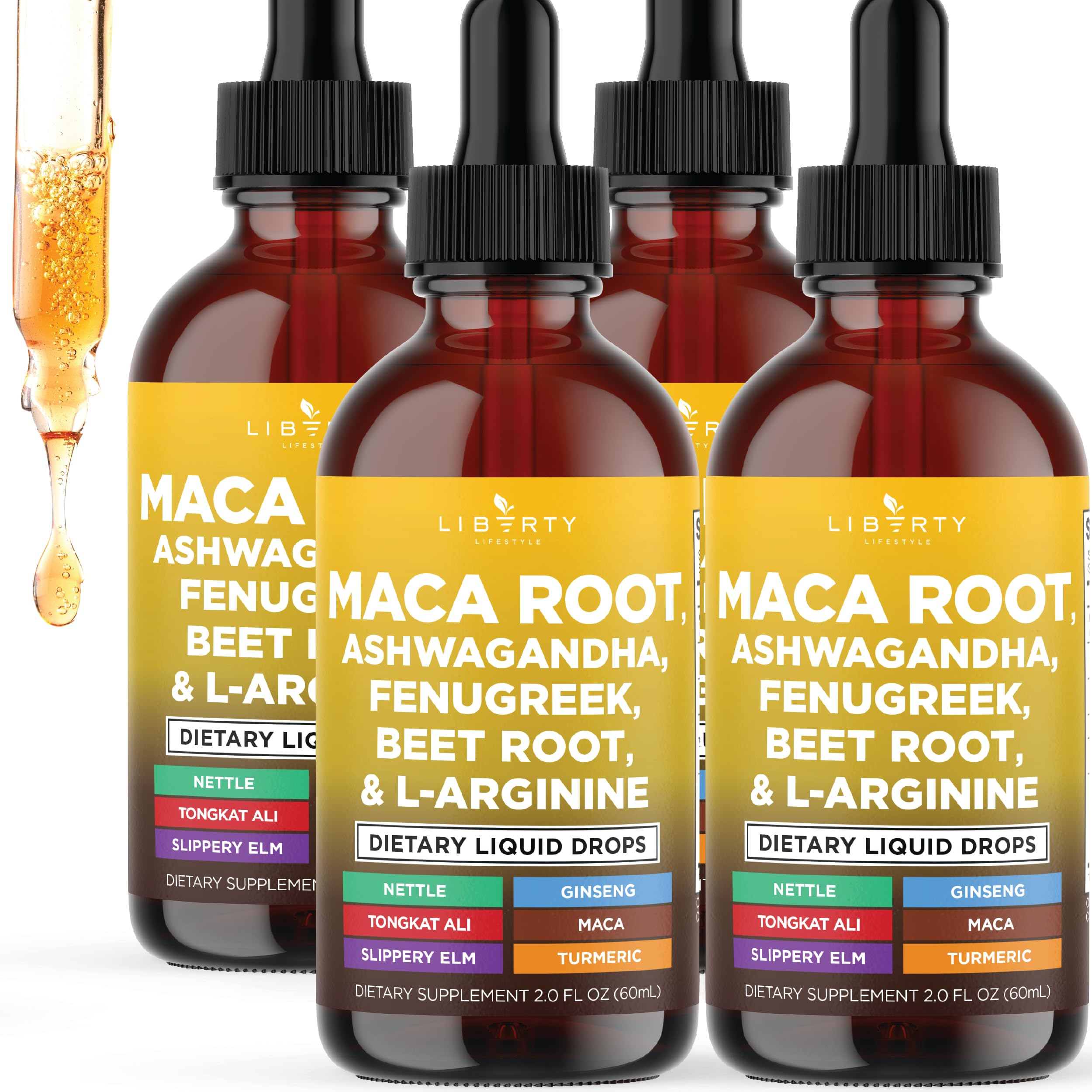 Liberty Lifestyle Maca Root Drops bottle on counter, supports daily vitality possibilities.