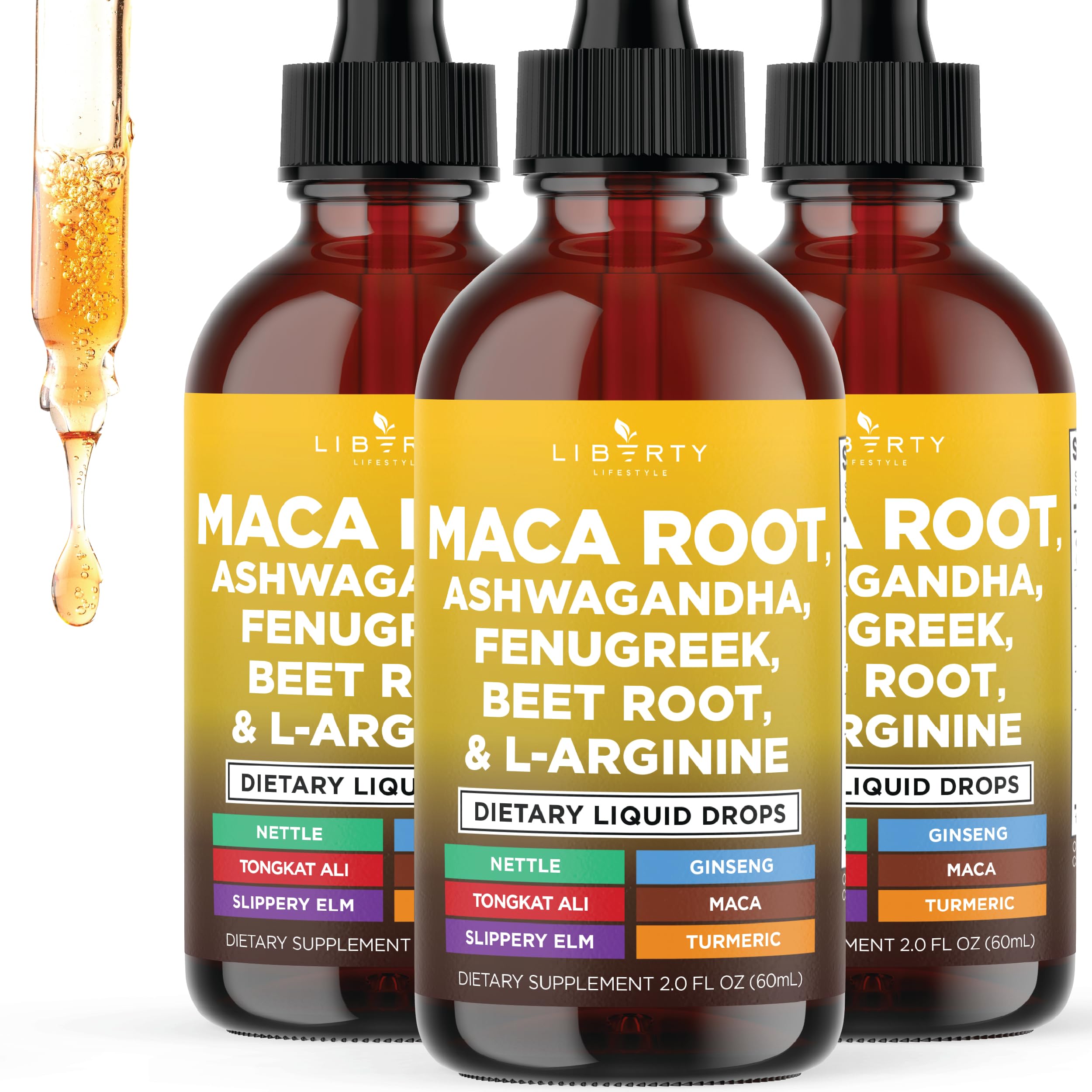 Liberty Lifestyle maca root liquid drops bottle shown for daily wellness support