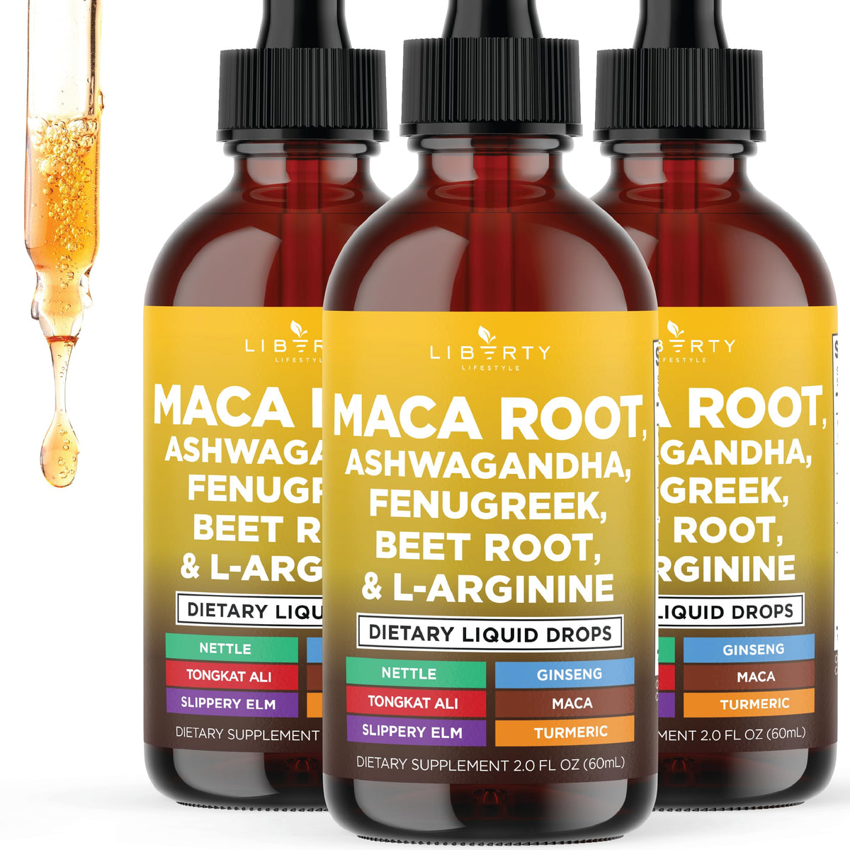Liberty Lifestyle maca root liquid drops bottle shown for daily wellness support