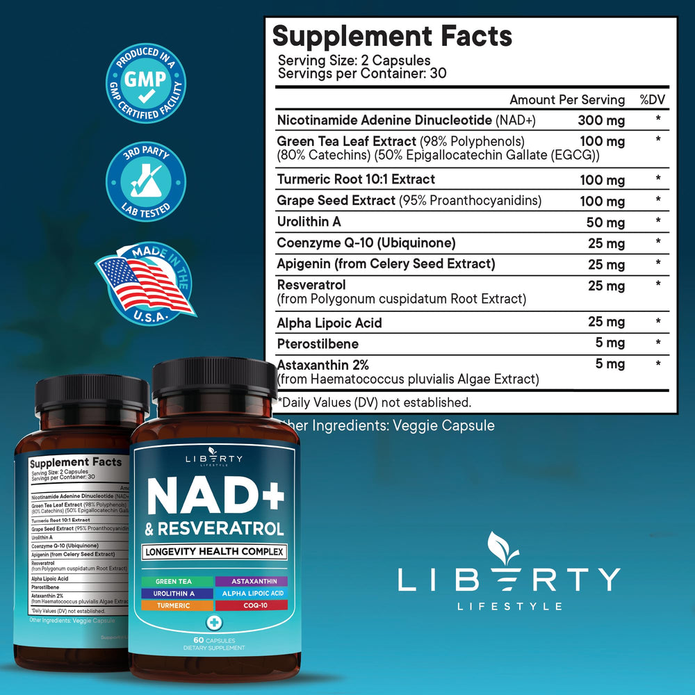 Liberty Lifestyle NAD+ Plus capsules close-up highlighting easy-to-swallow capsules.