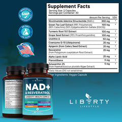 Liberty Lifestyle NAD+ Plus capsules close-up highlighting easy-to-swallow capsules.