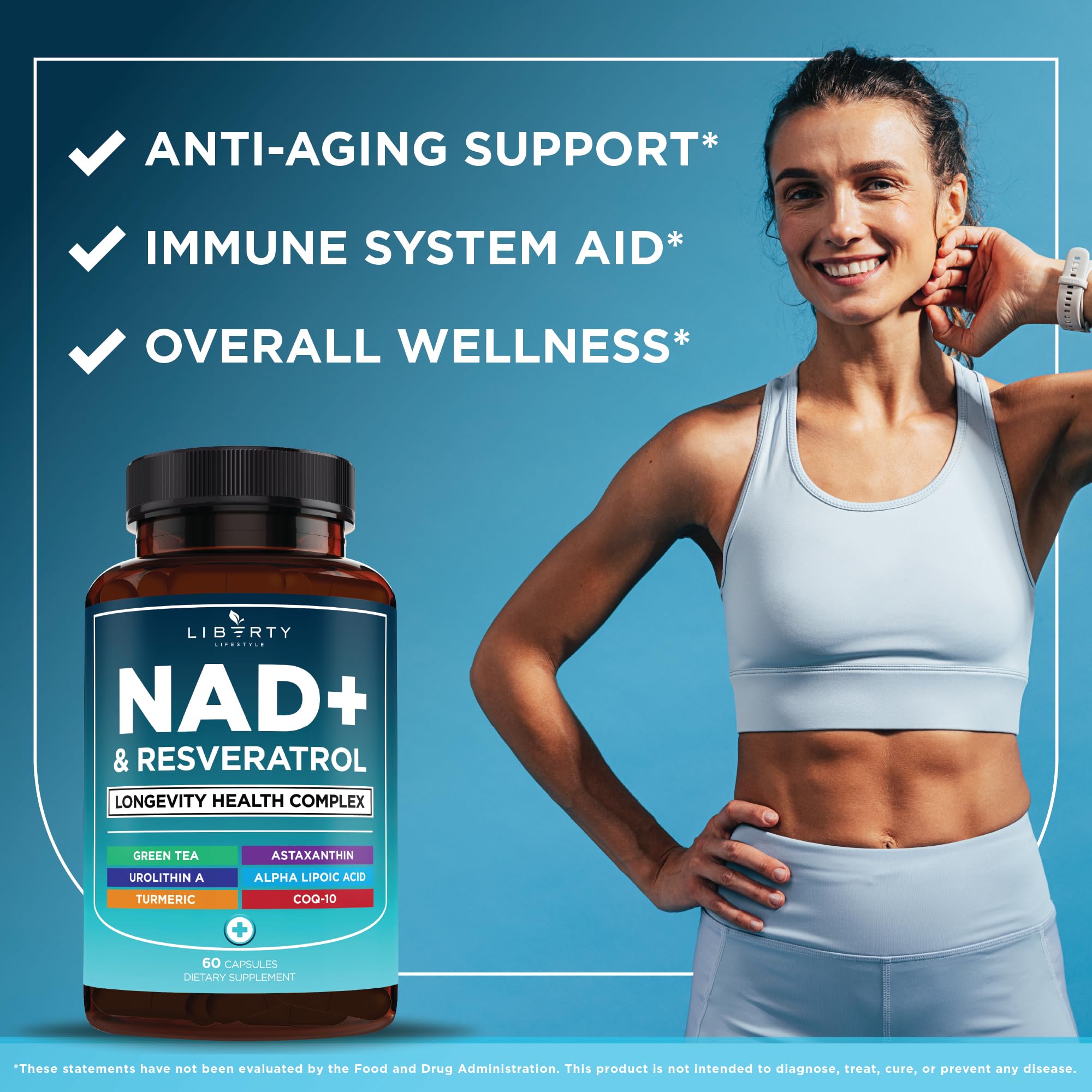 Liberty Lifestyle NAD+ Plus ingredients in a bottle communicating quality and safety.