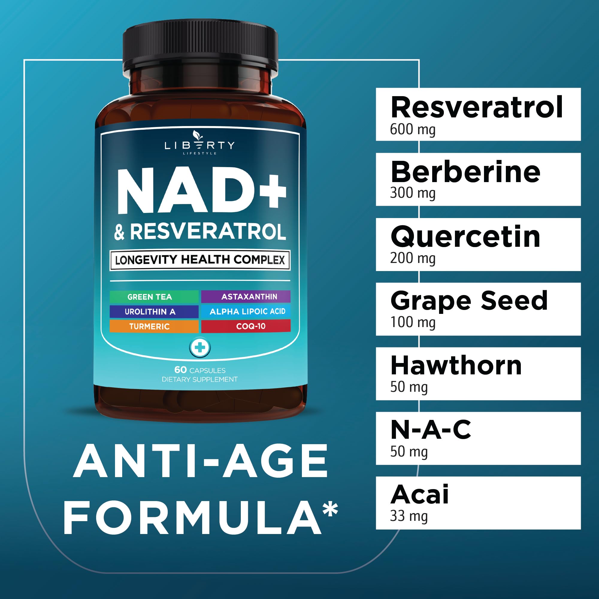 Liberty Lifestyle NAD+ Plus label detail with dosage and ingredients.