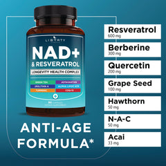 Liberty Lifestyle NAD+ Plus label detail with dosage and ingredients.