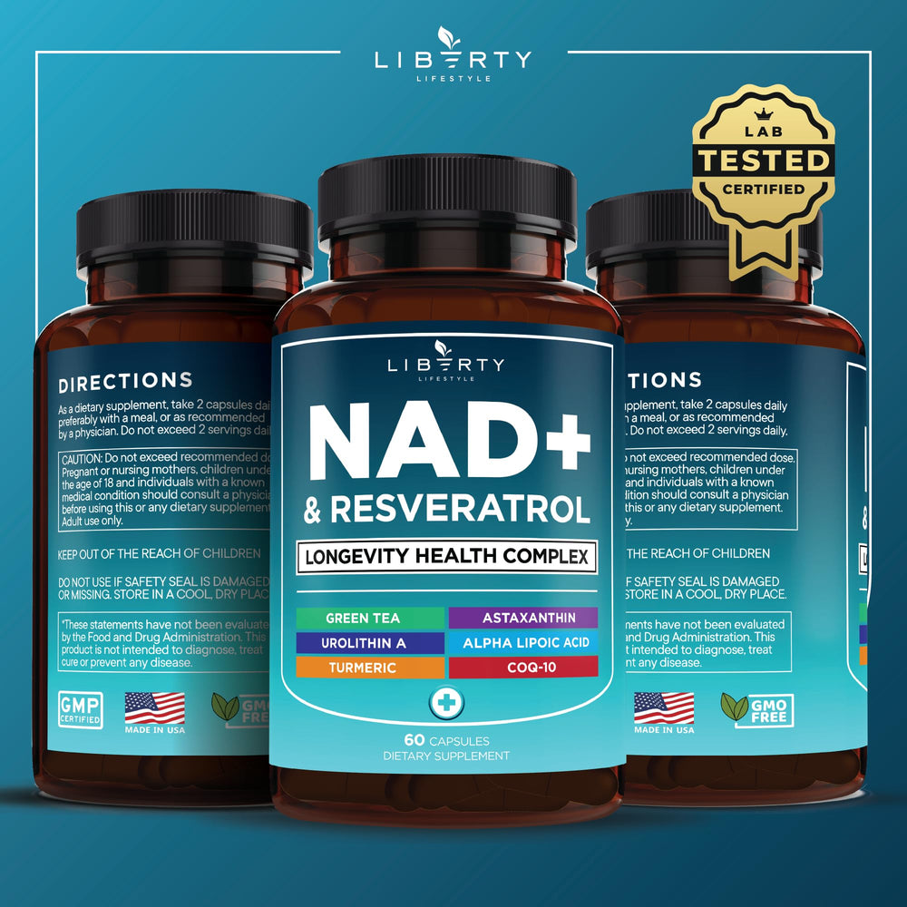Liberty Lifestyle NAD+ Plus packaging emphasizing vegan and non-GMO credentials.