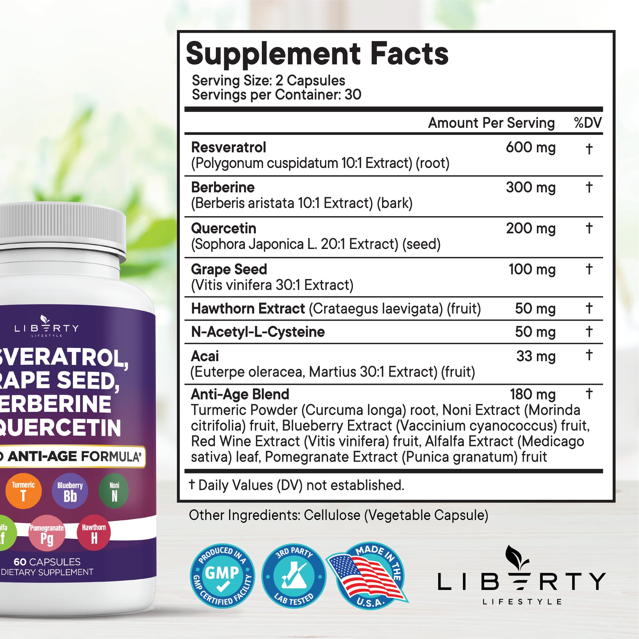 Liberty Lifestyle polyphenol capsules jar for convenient daily wellness.