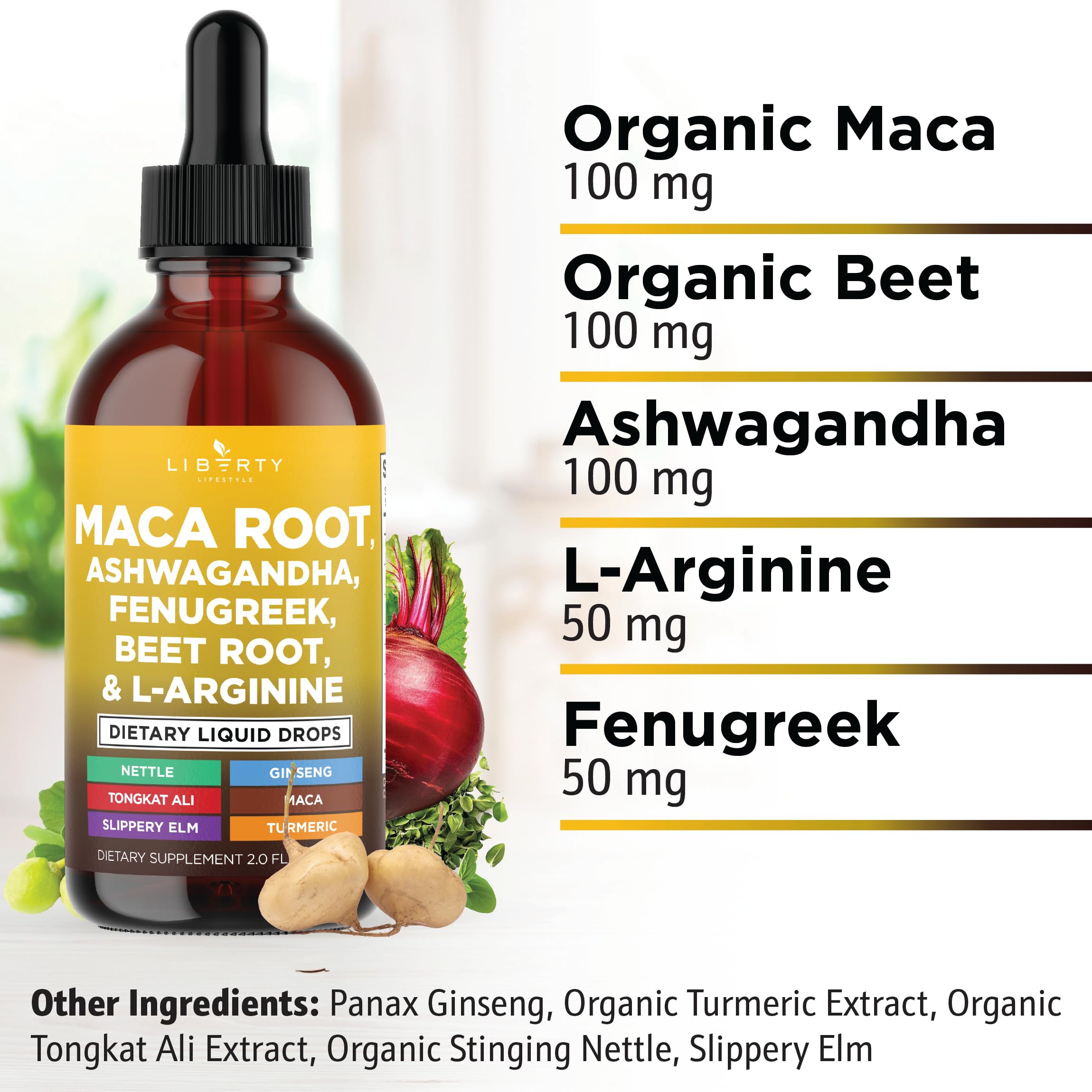 Liberty Lifestyle stinging nettle drops bottle highlights amino acids for holistic wellness.